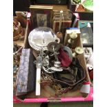 A tray containing horse brasses, old maps, Cash's silks, flatware, etc