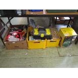 Three boxes of assorted tools, spanners, wallpaper stripper, etc