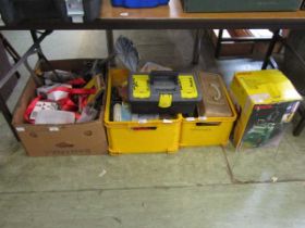 Three boxes of assorted tools, spanners, wallpaper stripper, etc