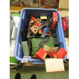 A PVC box containing an assortment of model railway items to include carriages, track, buildings,