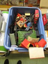 A PVC box containing an assortment of model railway items to include carriages, track, buildings,