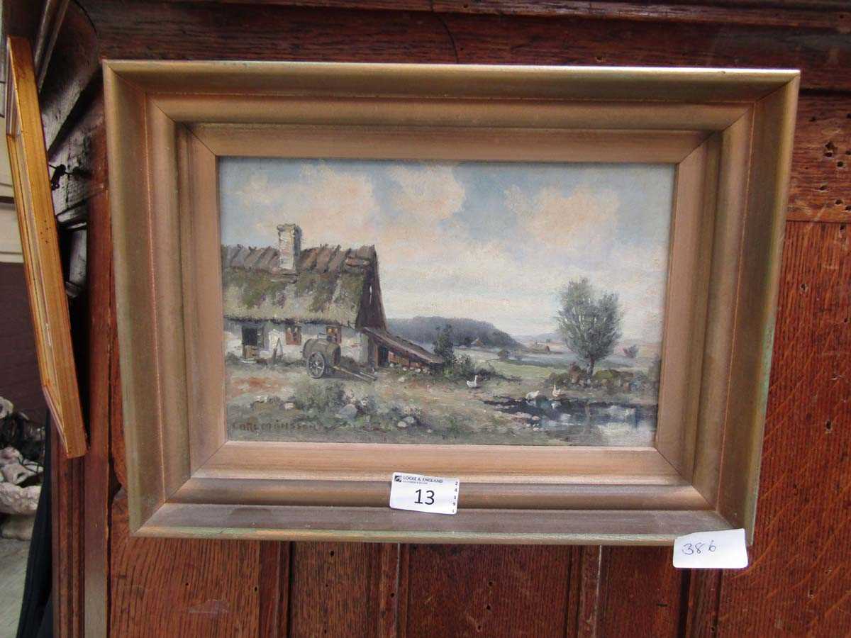 A gilt framed oil on board of country farm scene signed bottom left