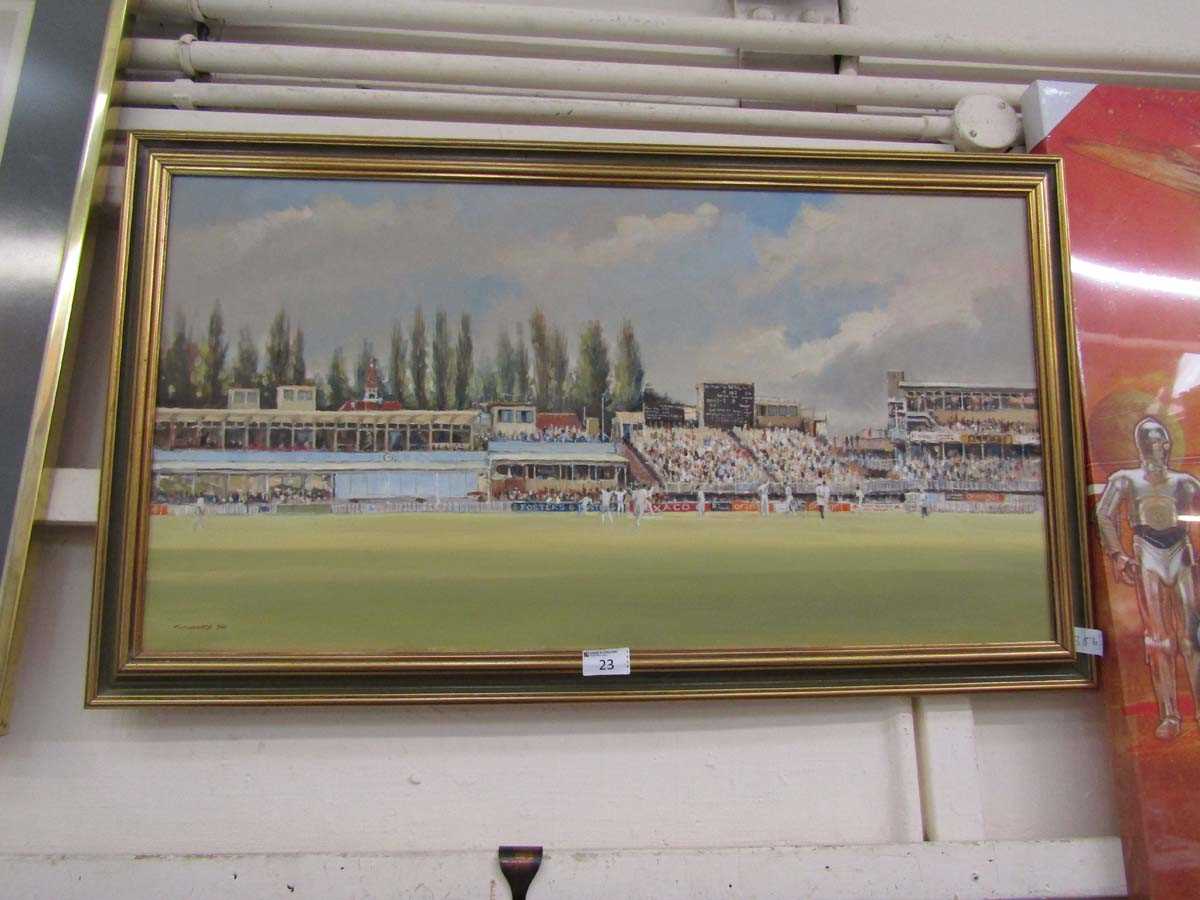 A framed oil on canvas of cricket scene, signed bottom left Flinders '94