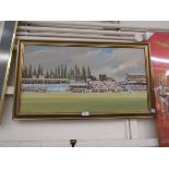 A framed oil on canvas of cricket scene, signed bottom left Flinders '94