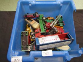 A blue PVC box containing an assortment of die cast cars, trucks, buses, etc