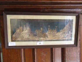 A framed and glazed print of castle with knight