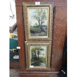 A pair of ornate gilt framed oils on board of countryside scenes