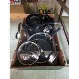 +VAT A tray containing a large assortment of Circulon non-stick pots and pans