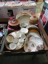 Two trays of ceramic ware to include storage jars, meat plates, mixing bowl, etc