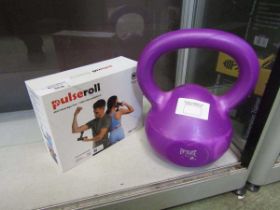 +VAT A boxed Pulseroll mini massage gun along with a purple Everlast kettle bell