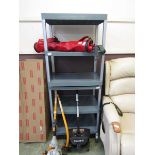 A grey PVC shelving unit on wheels along with one other without wheels