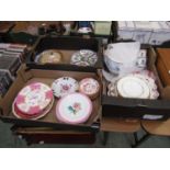 Three trays of decorative ceramic plates, etc