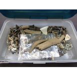 A box containing fossilised shark's teeth, etc