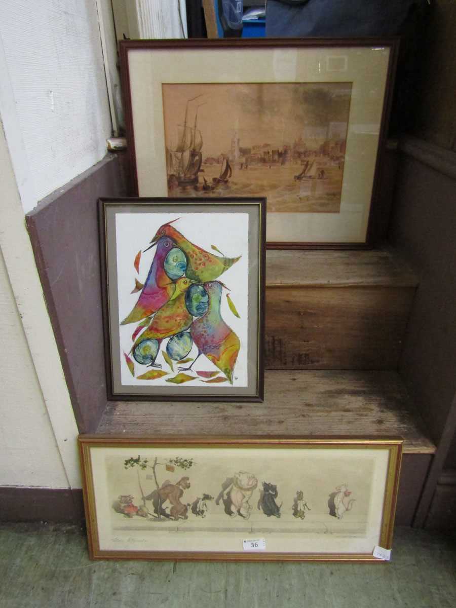 A framed and glazed comical print of dogs together with an abstract print of birds and a framed