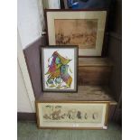 A framed and glazed comical print of dogs together with an abstract print of birds and a framed