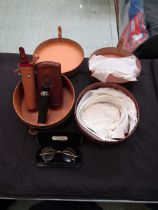Two leather collar boxes one containing collars, the other leatherette cigar case, telescope, and