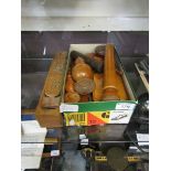 A collection of ten wooden items to include, pencil case, sugar sifter, boxes etc.