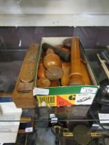 A collection of ten wooden items to include, pencil case, sugar sifter, boxes etc.