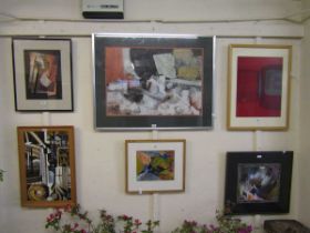 A selection of five framed and glazed abstracts collages signed M. Castelow together with one