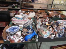 Four trays of ceramic ware to include figurines, washbowls, glass fish, etc