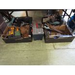 A large selection of four boxes and a toolbox containing hand tools to include moulding planes,