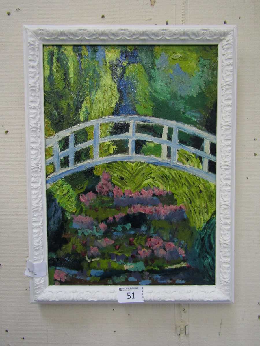A modern oil on canvas of bridge in cottage garden set in a white painted frame