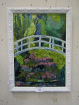 A modern oil on canvas of bridge in cottage garden set in a white painted frame