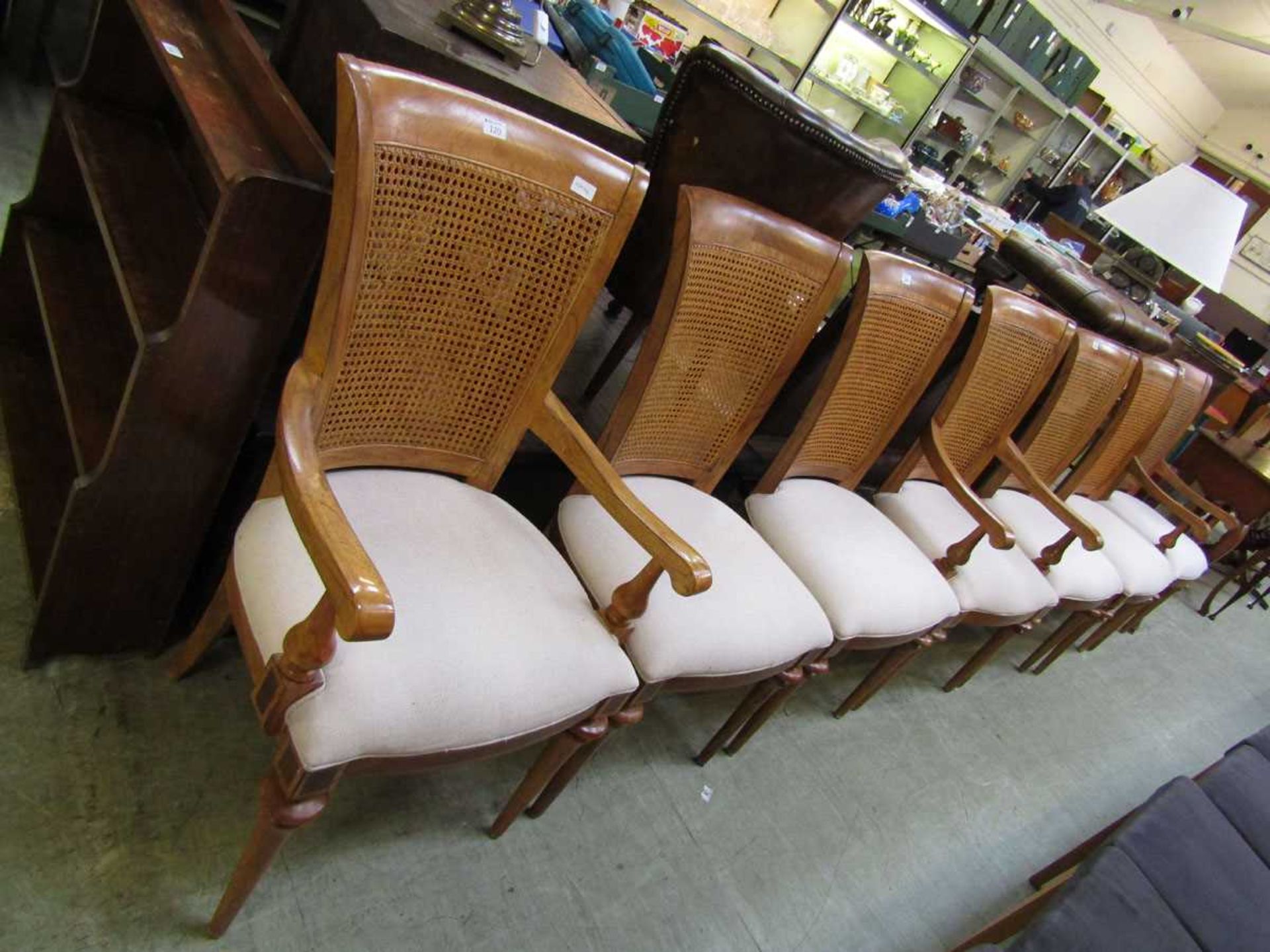 A set of four standard and three carver walnut framed dining chairs with bergere backs For courier - Image 2 of 2