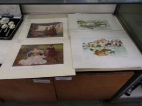 A folio containing an assortment of unframed mounted prints to include classical scenes, harbour