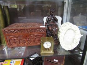 A selection of various items to include carved wooden box, modern brass effect lamp, three moulded