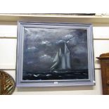 A blue framed oil on canvas of sailing vessel, signed bottom right Joy Wildbur