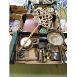 Two trays of various items to include bookends, barometer, brass candlesticks, old tins, etc
