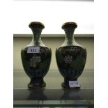 A pair of blue and green ground cloisonné vases with white floral decoration