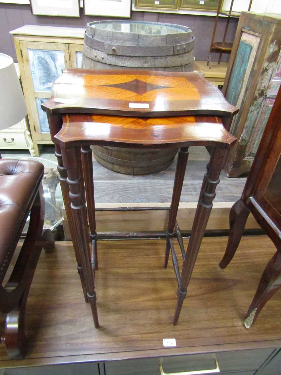 A pair of mahogany marquetry occasional tables