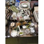 Two trays containing glass lampshades, coloured glassware, teapots, cups, paperweights, etc