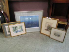 Five assorted framed and glazed prints on various subjects to include city scene, jester etc.