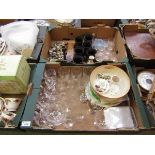 Two trays containing drinking vessels, ceramic bowls, Wade Whimsies, etc