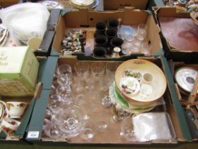 Two trays containing drinking vessels, ceramic bowls, Wade Whimsies, etc
