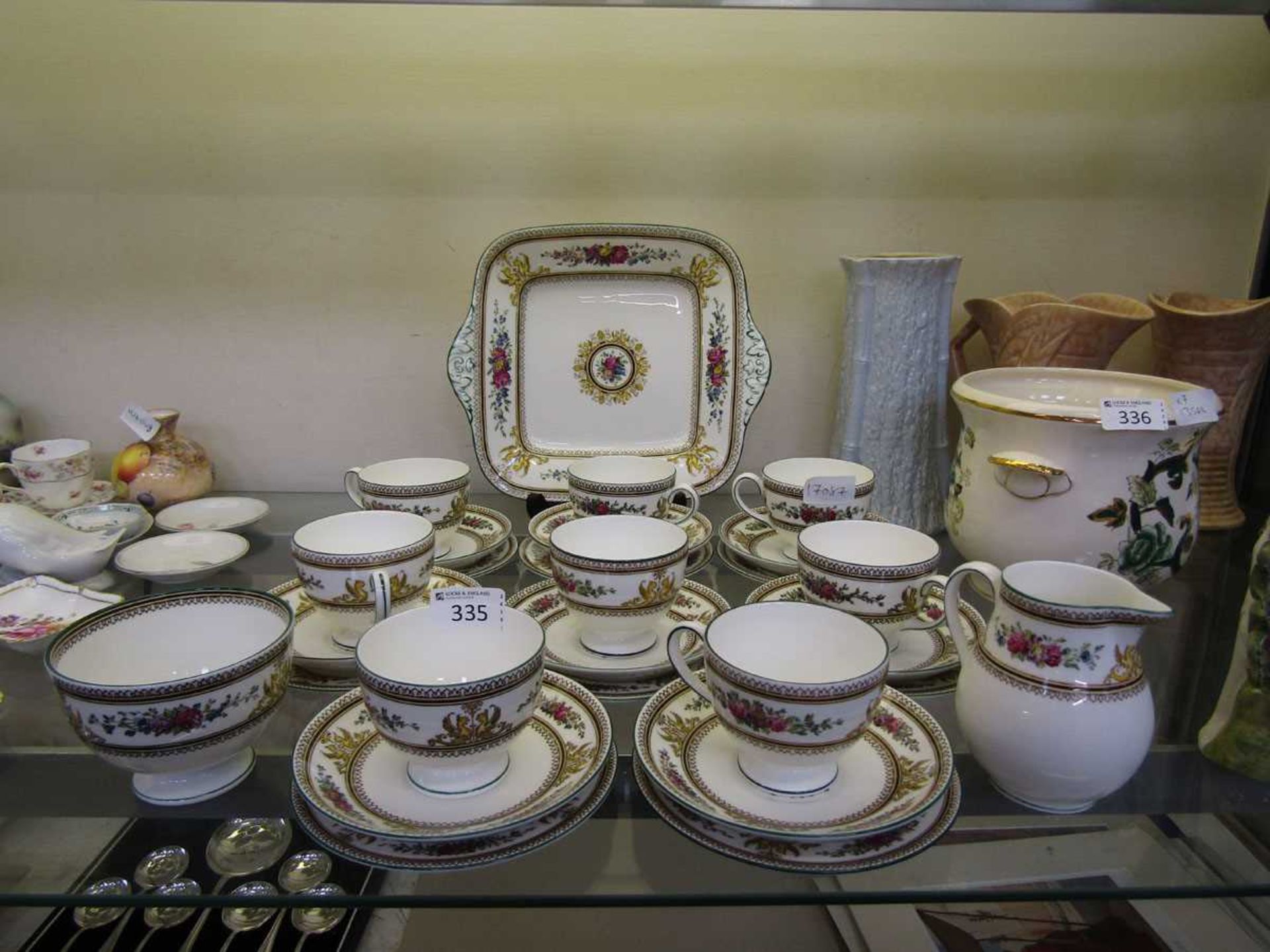 A 'Columbia' Wedgwood part tea set consisting of trios, sugar bowl, cream jug, and cake plate,