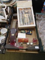 A tray containing a boxed Dr Who Dalek model kit, inkwells, Star Wars pencil tin, carnival