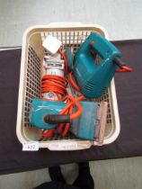 A Wolf angle grinder along with a Black and Decker belt sander and a Black and Decker jig saw