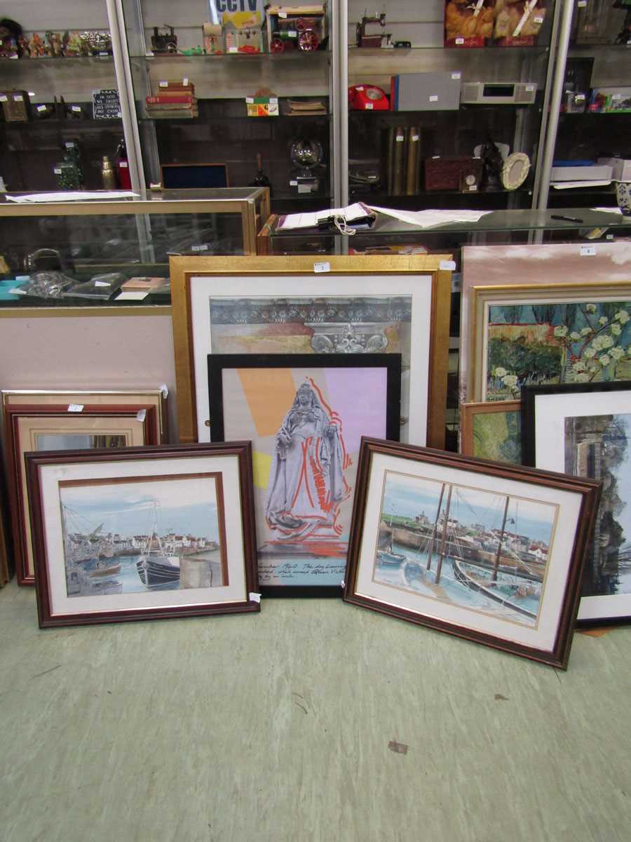 A selection of framed and glazed prints, one of Queen Victoria, two of boating scenes etc.