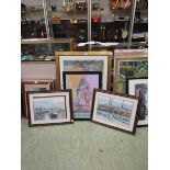 A selection of framed and glazed prints, one of Queen Victoria, two of boating scenes etc.