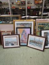 A selection of framed and glazed prints, one of Queen Victoria, two of boating scenes etc.