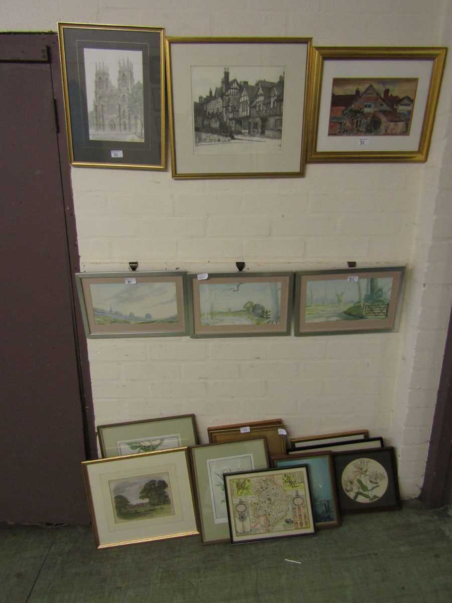 A large collection of framed and glazed prints on various subjects to include watercolours of