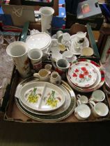 Two trays of ceramic ware to include Portmeirion vases, mugs, meat plates, etc