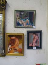 Three modern framed oils depicting studies of the male form