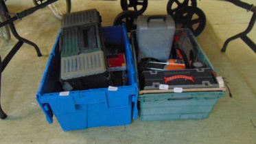 Two boxes of hand tools to include foot pump, cabling, jig saw, etc