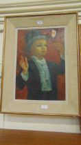 A mid-20th century framed oil on board of young musician