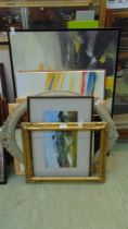 A selection of framed and glazed stretched canvases, framed prints, mirrors, etc